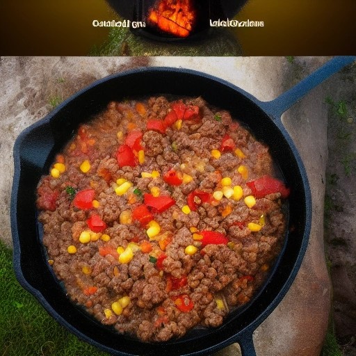 Warm camp beef and rice skillet cooking over an open fire.