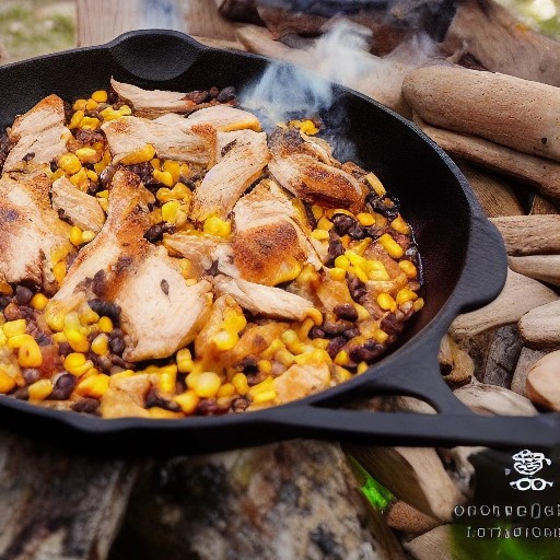 Hearty chicken and black bean skillet simmering over campfire coals.