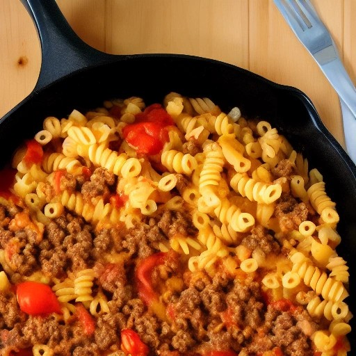 Warm macaroni and ground beef skillet cooking at an RV site.