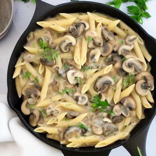 Gourmet creamy mushroom pasta cooking in a skillet at a campsite.