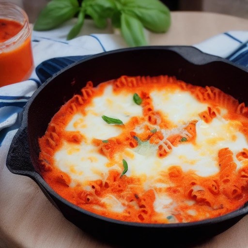 A warm skillet of creamy tomato and mozzarella pasta resting on grill grates