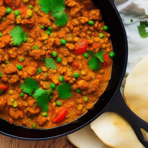 Spiced ground chicken keema cooking in an outdoor skillet.