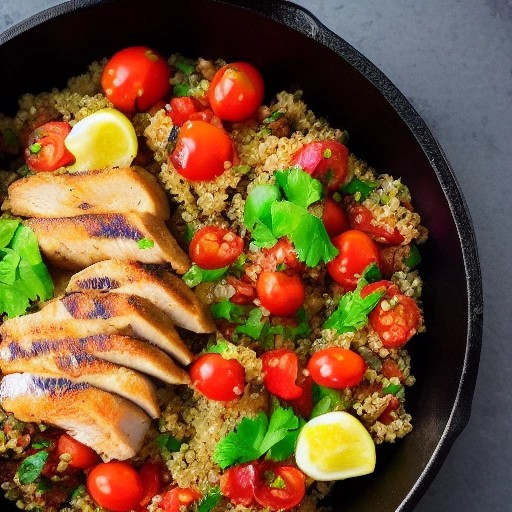 Nutrient-rich chicken and quinoa camp skillet cooking over a grill.