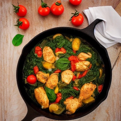 Healthy Italian chicken and spinach skillet simmering on a camp stove.