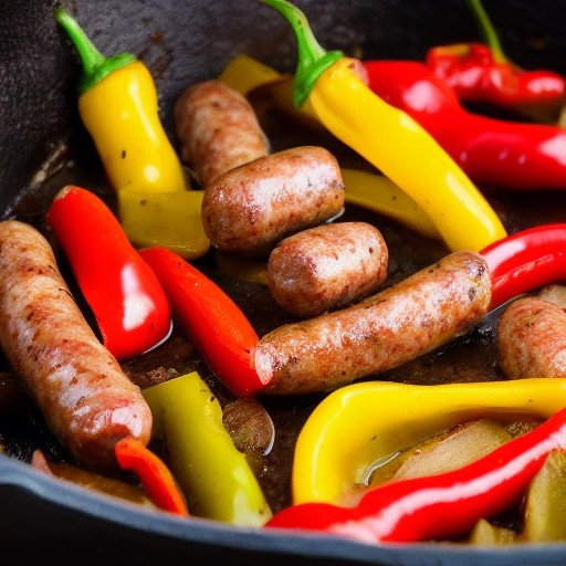 Savory Italian sausage and peppers simmering in a cast iron skillet over charcoal.