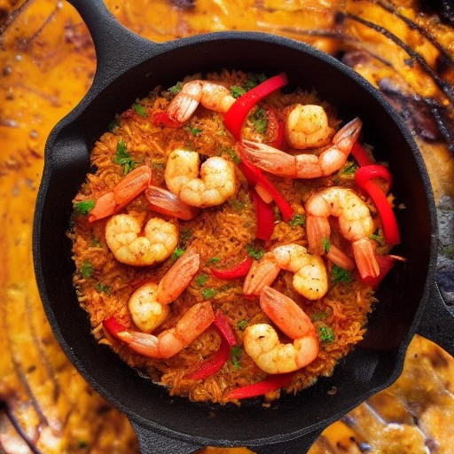 Spicy Cajun shrimp and seasoned rice cooking in a skillet.