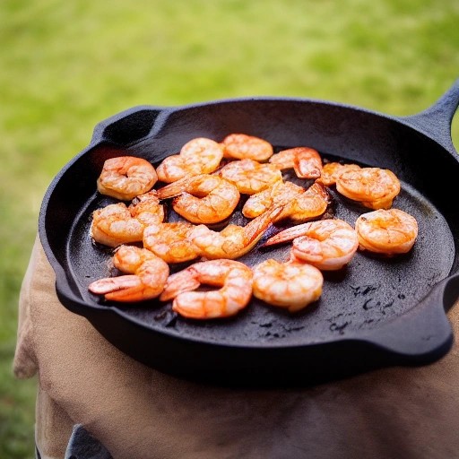 Glazed honey garlic shrimp cooking over campfire coals.