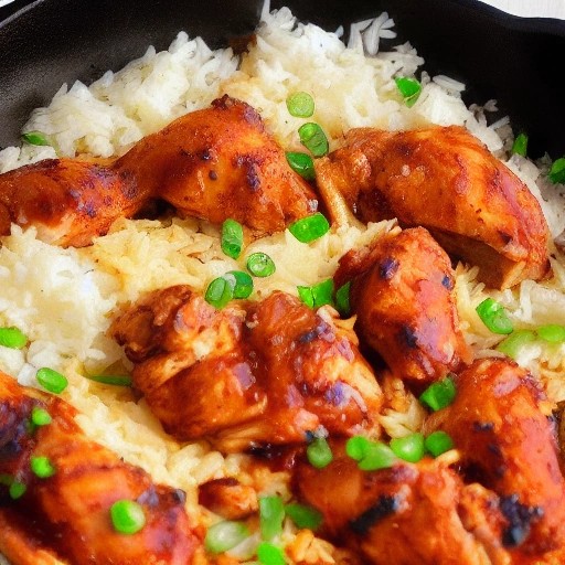 Smoky BBQ chicken and rice skillet dinner cooking outdoors.