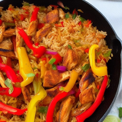 Colorful chicken fajita rice bowl cooking on a camp stove.