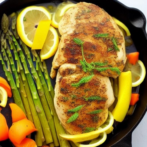 Fresh lemon herb chicken and summer vegetables cooking outdoors.