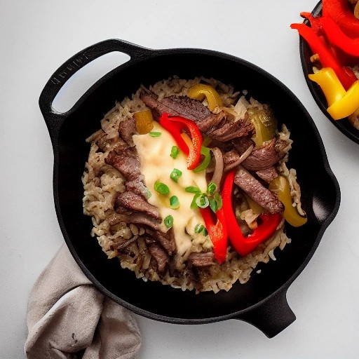 Philly cheesesteak rice bowl with melted cheese cooking in a skillet.