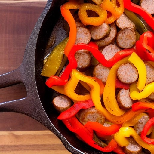 Sizzling smoked sausage and bell peppers cooking in a camp skillet.