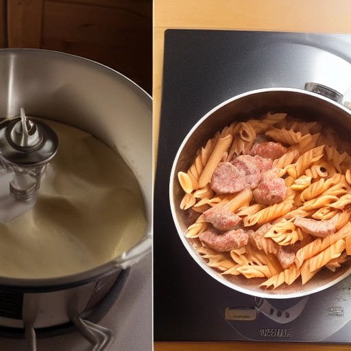 Rich creamy sausage and spinach pasta skillet cooking indoors.