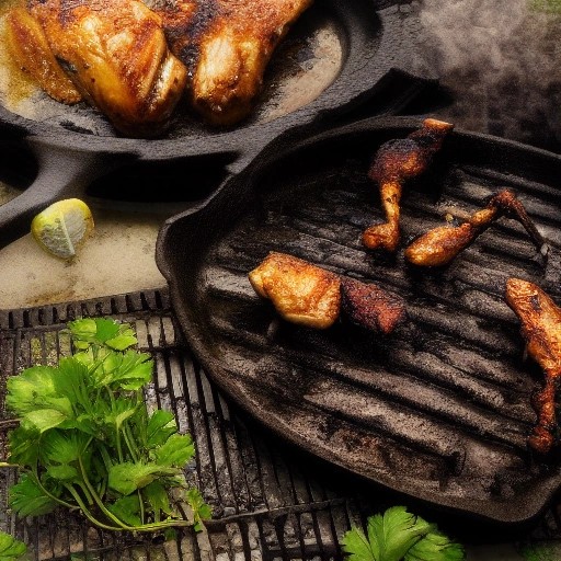 A cast iron skillet of smoky garlic butter chicken cooking over an outdoor grill