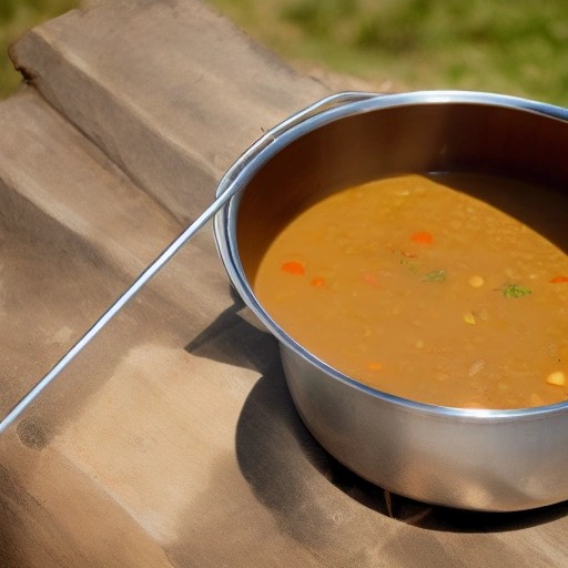 Hearty off grid lentil soup cooked in a stainless steel pot.