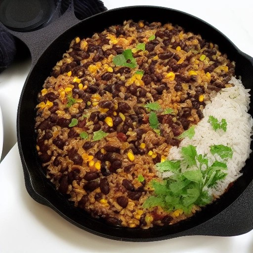 Pantry rice and beans skillet with grilled sausage in an RV.
