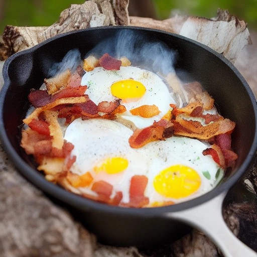 Hearty breakfast egg skillet sizzling over a forest campfire.