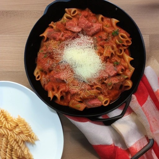 RV canned beef pasta skillet topped with grilled sausage slices.