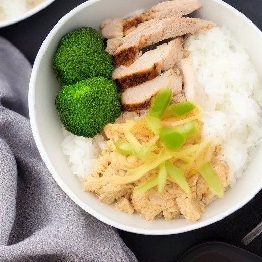 Ground turkey and rice bowl with grilled chicken inside an RV.