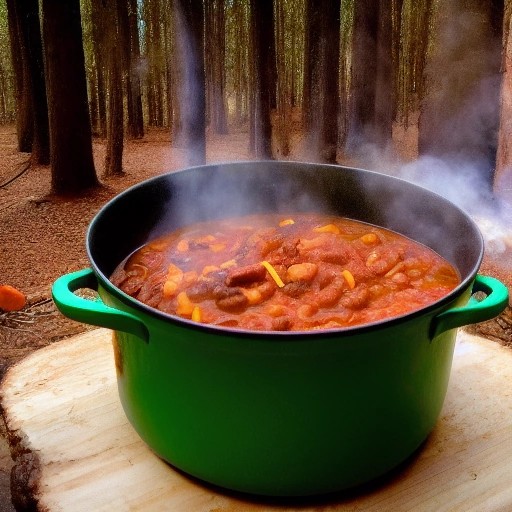 Hearty beef and bean chili simmering in a campsite Dutch oven.