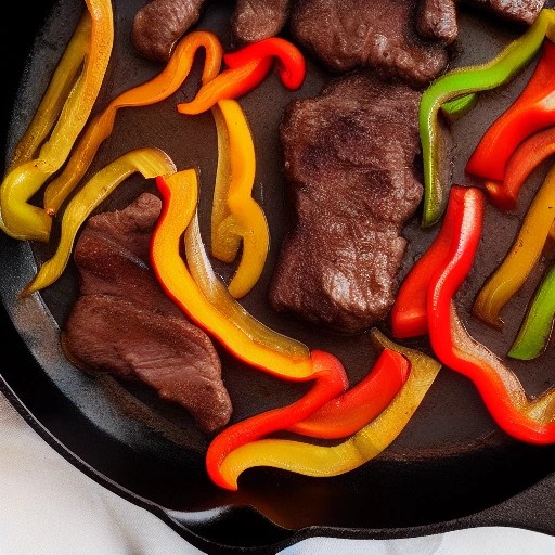 Sizzling beef fajita skillet meal cooked over glowing campfire embers.