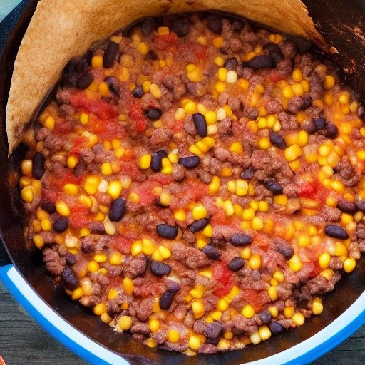 Flavorful campfire beef taco skillet cooked in a Dutch oven.