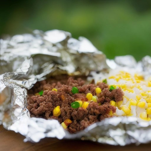 Smoky ground beef and rice foil pack meal prepared over a campfire.