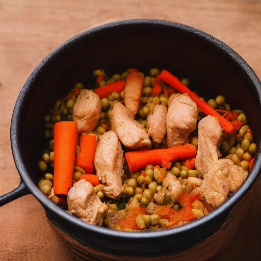 One pot chicken and rice comfort meal simmering at a campfire.