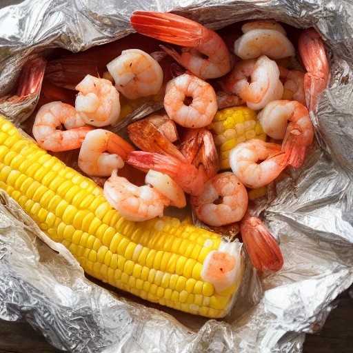 Campfire shrimp boil foil pack dinner with corn and sausage.