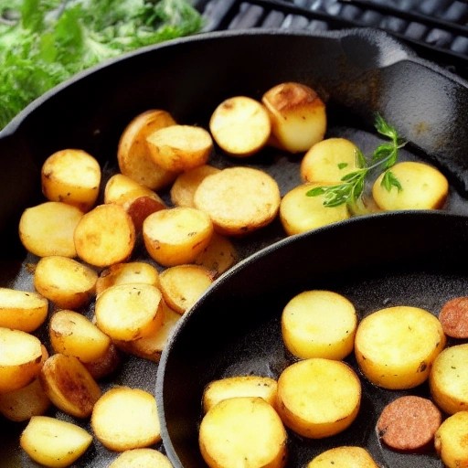 Spicy sausage and crispy potato skillet cooking over campfire coals.