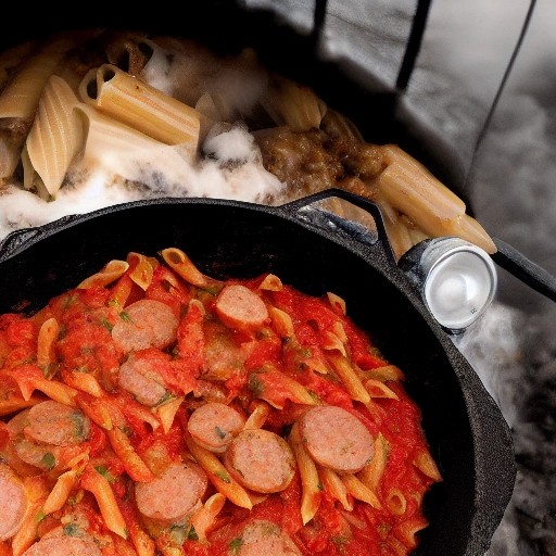 Quick 15 minute sausage pasta skillet cooked on a campfire grill.