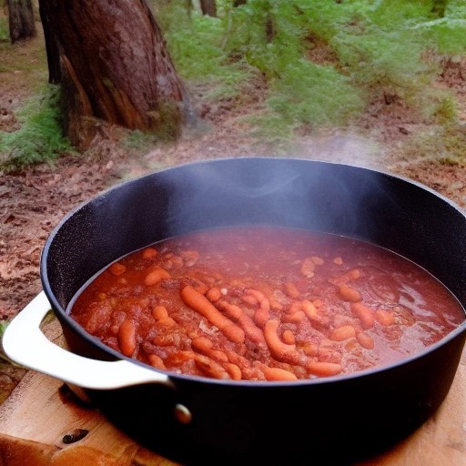 Hearty bean chili simmering in a Dutch oven over open fire.