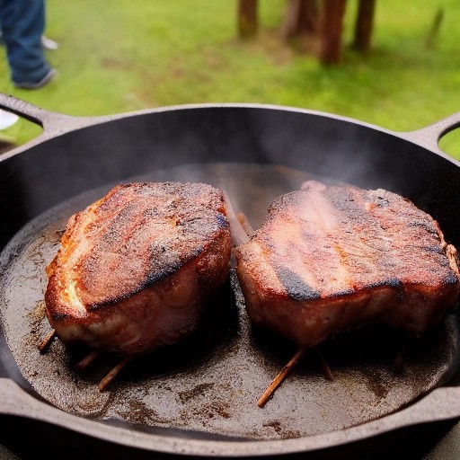 Smoky barbecue pork chops sizzling in a campfire cast iron skillet.
