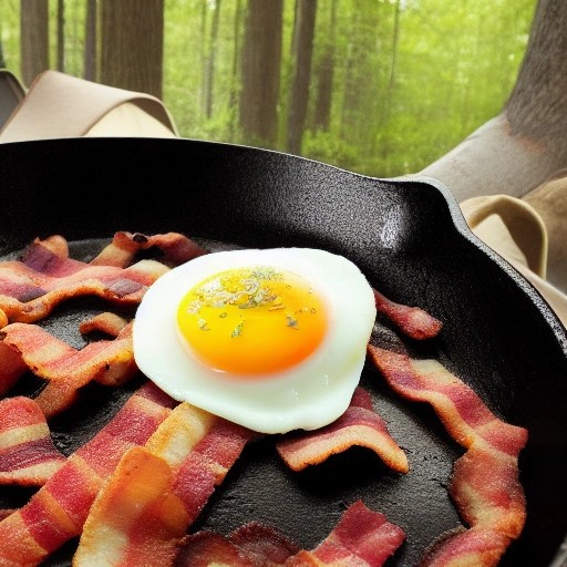 Classic campfire eggs and bacon cooked in a skillet at sunrise.