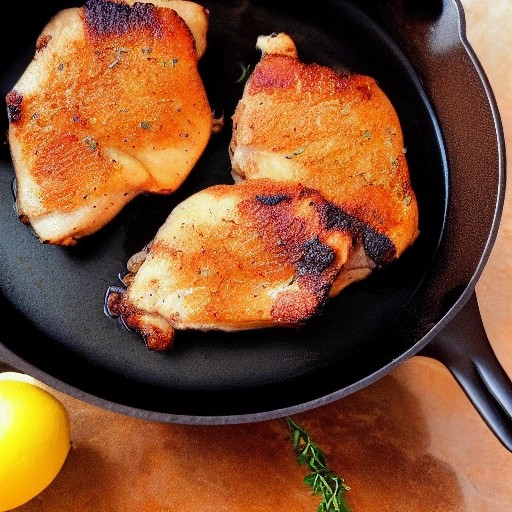 Juicy cast iron chicken thighs seared over an open campfire flame.