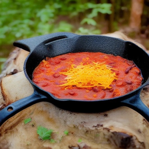 Hearty campfire chili beans simmering with cheddar cheese in cast iron.