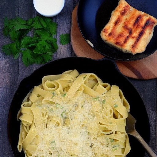 Creamy garlic pasta skillet simmering over an outdoor campfire.