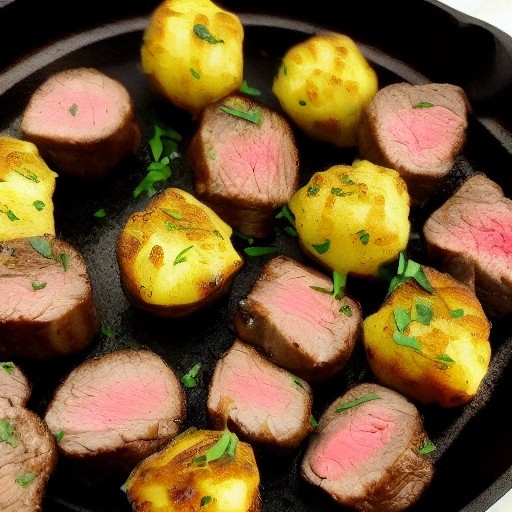 Garlic butter steak bites seared in a skillet over campfire coals.