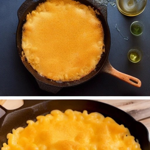 Creamy cast iron mac and cheese baked over an open campfire.