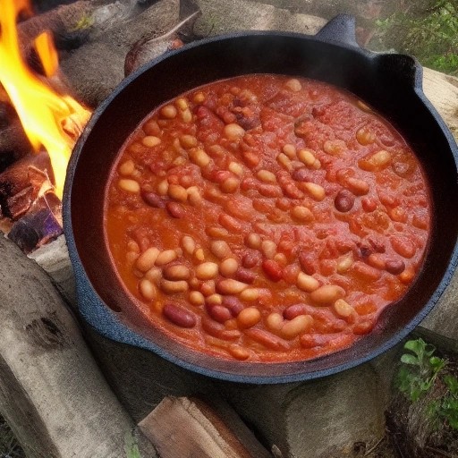 Hearty bean chili skillet dinner bubbling over a campfire.