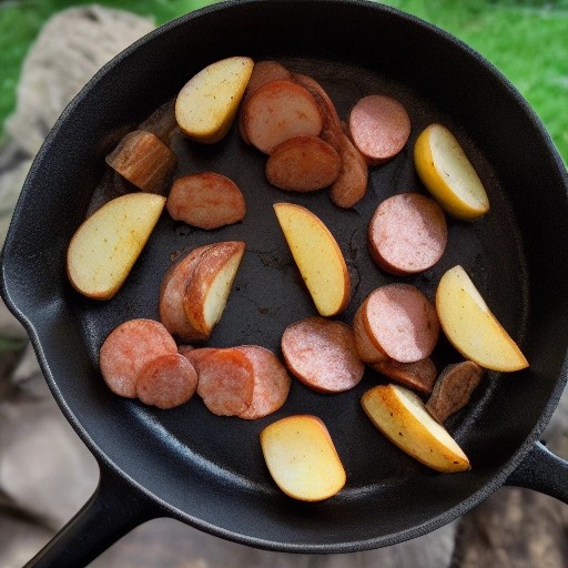 Sausage and potato skillet roasting on open campfire coals.