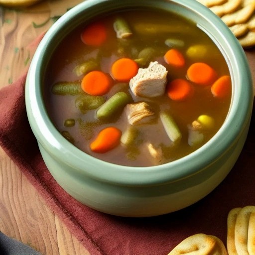Off-grid chicken vegetable soup served inside an RV.