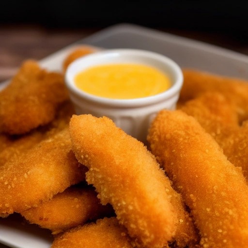 Golden crispy air fryer chicken tenders with honey mustard dip.