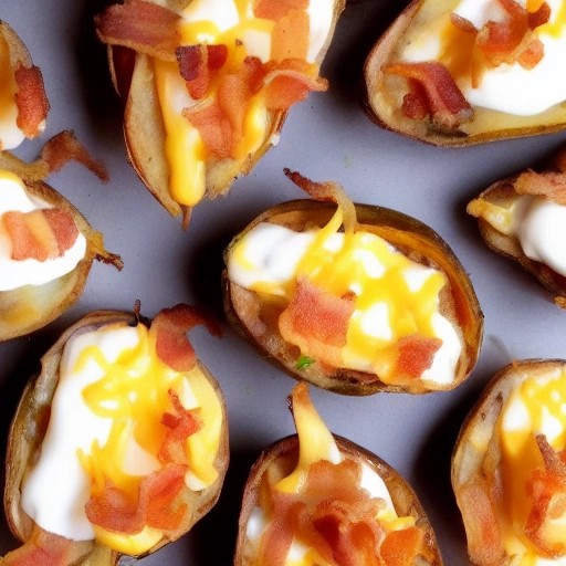 Cheesy loaded potato skins topped with crisp bacon and sour cream.