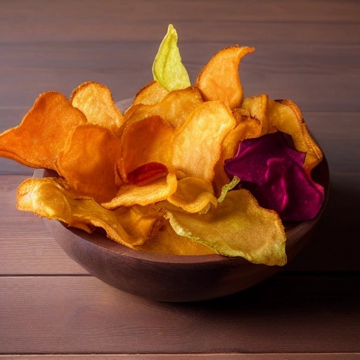 Healthy colorful air fryer vegetable chips served in a rustic bowl.