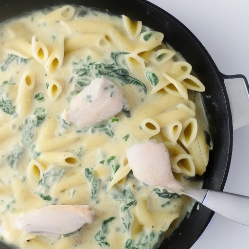 Creamy chicken spinach alfredo pasta cooked in a single camping pan