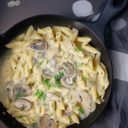 Creamy mushroom alfredo pasta skillet cooked inside a motorhome