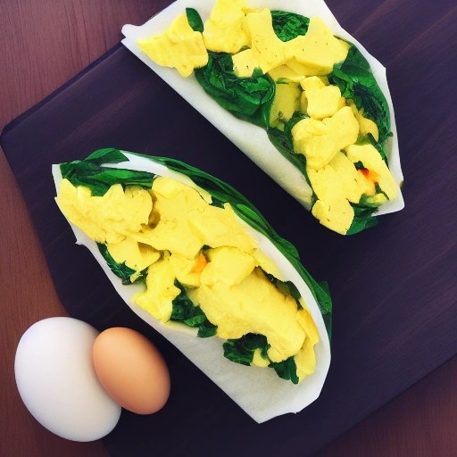 Simple cooked egg and spinach wrap served inside an RV.