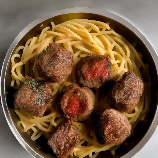 Garlic butter steak pasta skillet cooked inside a luxury travel trailer