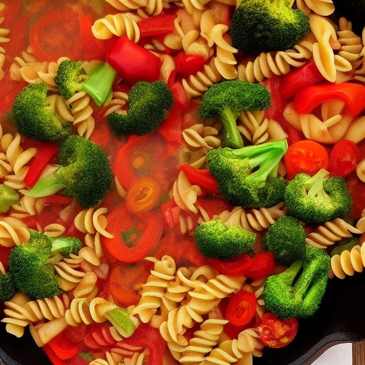 A colorful RV pasta primavera skillet meal resting on a campsite kitchen counter